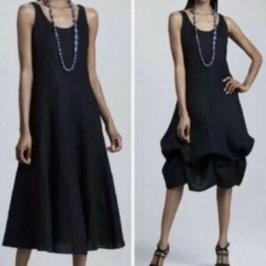 Eileen Fisher 100% Irish Linen bustle hem‎ Dress Sleeveless Black Petite Size PL